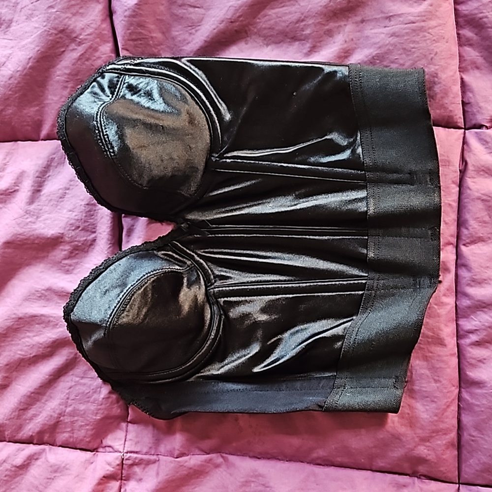 Vintage Madonna era 80s corset / bustier longline black satin strapless bra 34B
